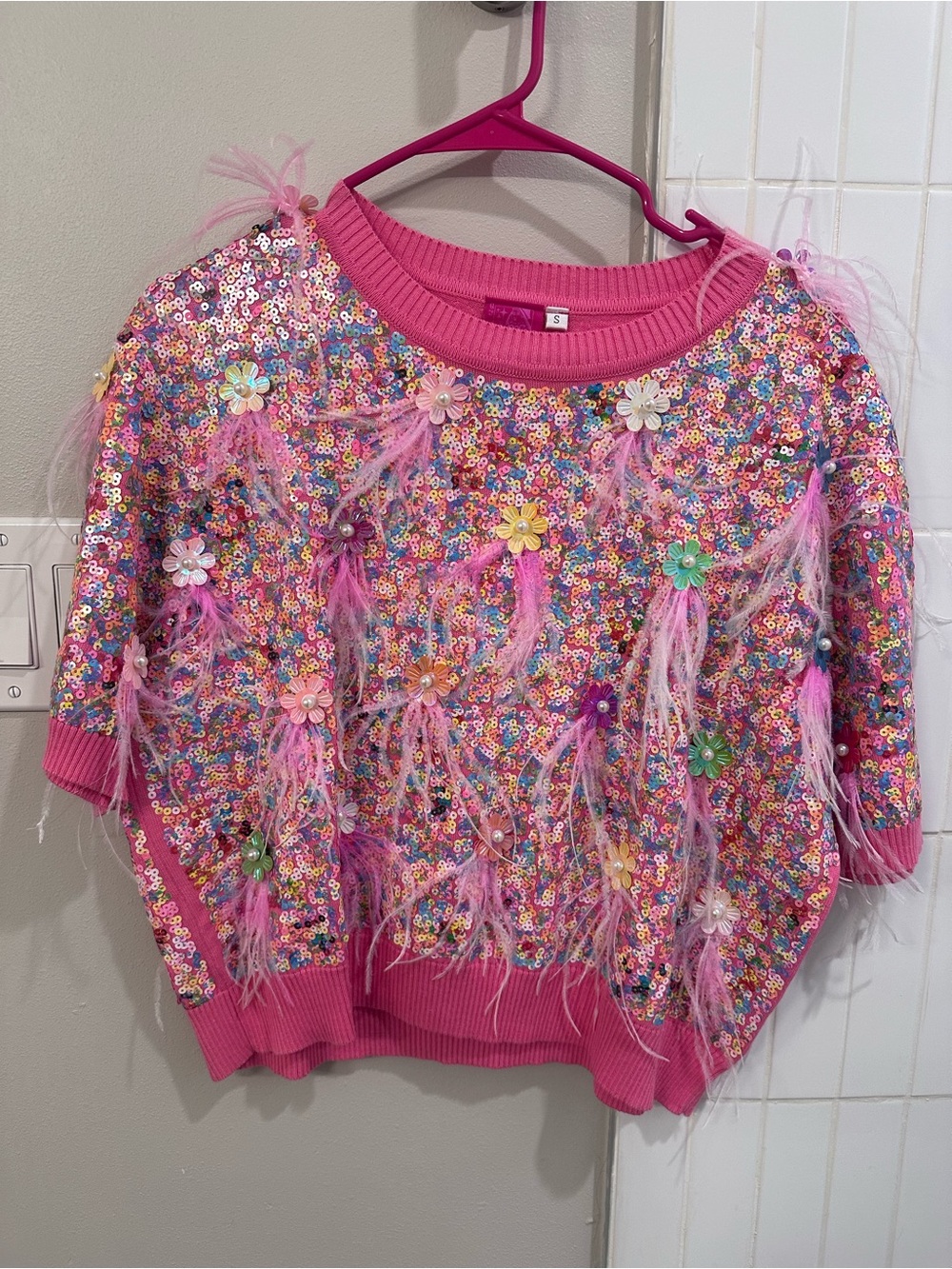Queen of Sparkles Sequin and Feather Top XS